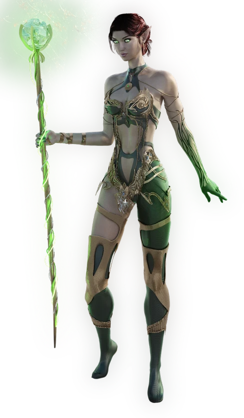 a woman that is standing next to a tree, a raytraced image, inspired by Gloria Stoll Karn, zbrush central contest winner, fantasy art, metallic green armor, abstract fractal automaton, (((mad))) elf princess, sage ( valorant )