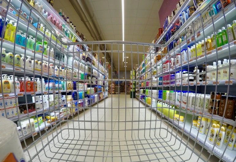 a shopping cart in a grocery store aisle, a picture, hyperrealism, shot with a gopro, shot of a highly detailed, fully symmetrical, about to consume you
