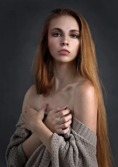 a woman with long red hair posing for a picture, a portrait, inspired by irakli nadar, shutterstock, art photography, wearing sweater, bare chest, 19-year-old girl, wistful bosom