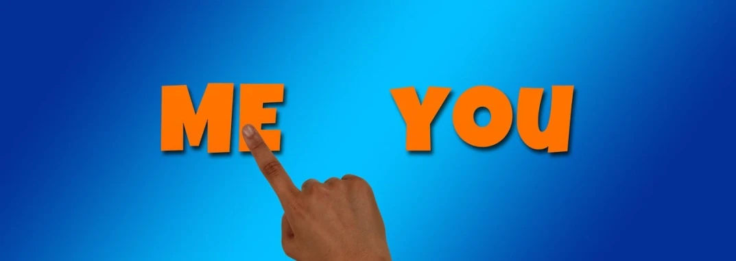a hand pointing to the word me you on a blue background, a picture, trending on pixabay, orange and blue colors, vista view, you g face, dialog text
