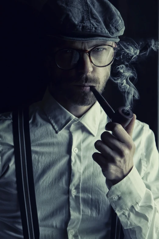 a man with glasses and a hat smoking a pipe, a character portrait, inspired by Yousuf Karsh, shutterstock, romanticism, skinny male fantasy scientist, cool marketing photo, holding a small vape, close up portrait photo