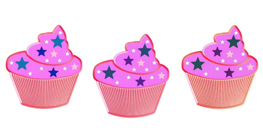 three cupcakes with stars on top of them, a digital rendering, inspired by Slava Raškaj, pop art, pink magic, imvu, in a row, screen cap