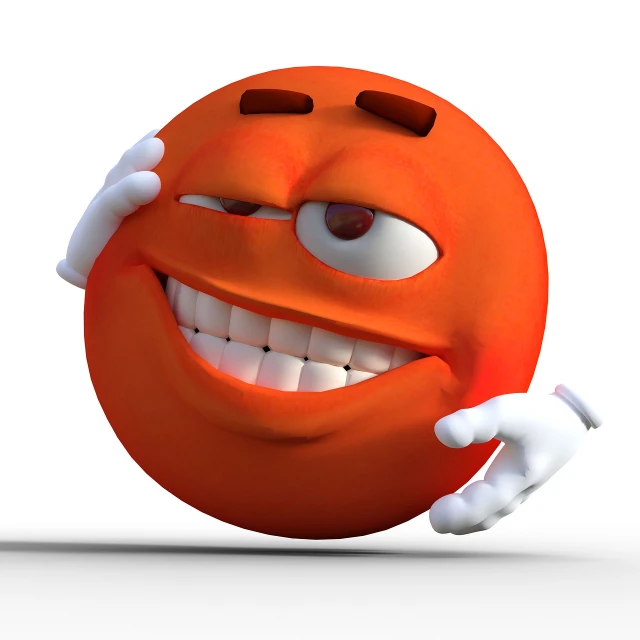 a close up of a smiley face on a white background, a 3D render, inspired by Heinz Anger, trending on zbrush central, orange head, cool marketing photo, fun pose, internet meme