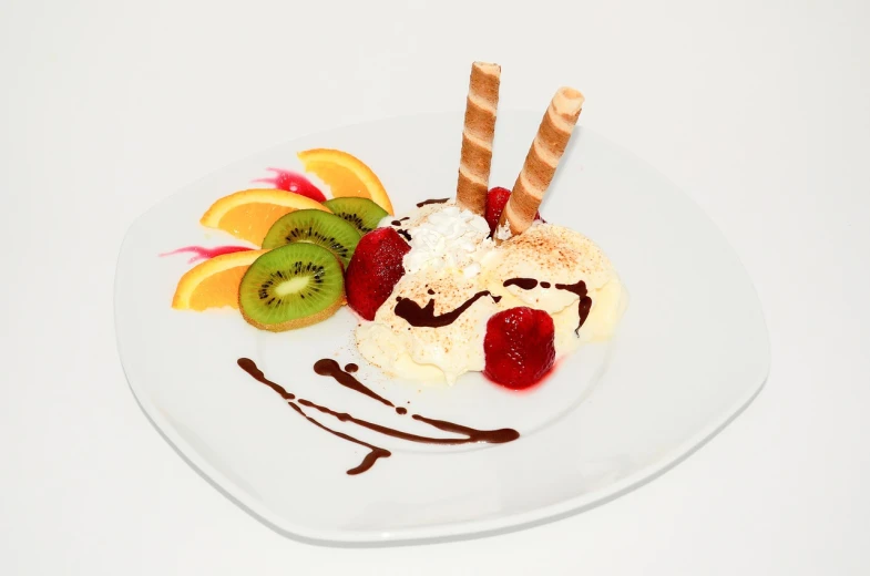 a white plate topped with ice cream and fruit, romanticism, high quality product photo