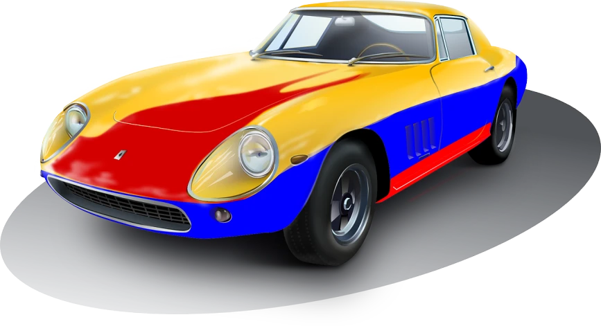 a yellow and blue sports car on a black surface, vector art, trending on pixabay, pop art, some red and yellow, jaguar e - type, detailed wide shot, 1958 ferrari 250 gt