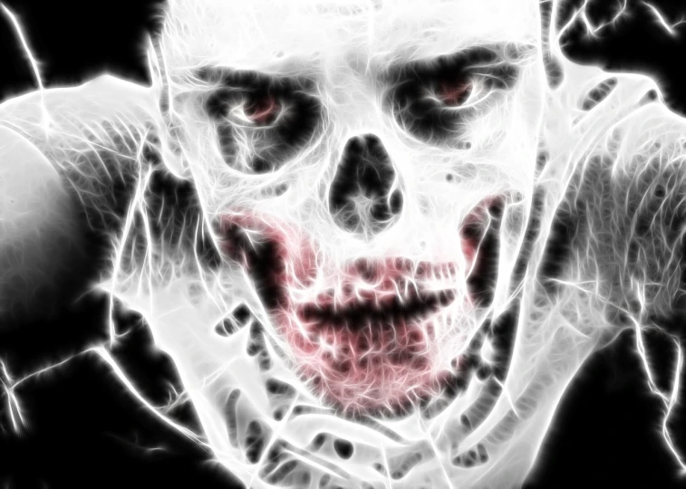 a close up of a person with a creepy face, digital art, glowing bones, anger. hyper detailed, overdetalized, inside head cobwebs