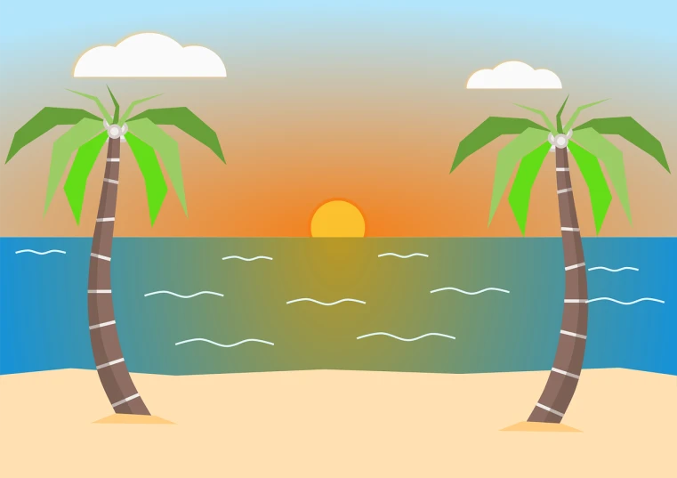 a couple of palm trees sitting on top of a sandy beach, an illustration of, flat background, the sun on the horizon, flat 2 d design, a photo of the ocean