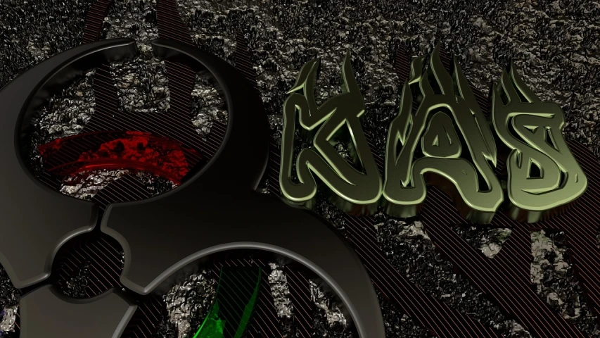 a close up of a metal object with a magnifying glass, a 3D render, inspired by Ahmed Karahisari, deviantart, graffiti, banner, green and black colors, romanized: al-kaʿbah, black!!!!! background