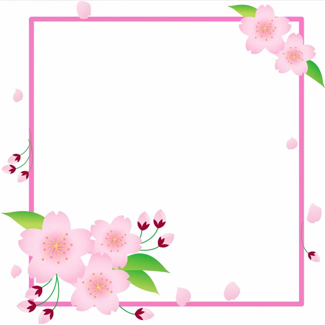 a frame with pink flowers on a white background, a picture, sōsaku hanga, there is one cherry, the background is blurred, with a square, corner