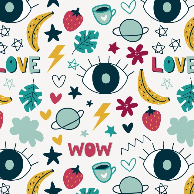 a pattern with the word wow on it, vector art, inspired by JoWOnder, tumblr, loving eyes, alien fabric, love story, closeup - view