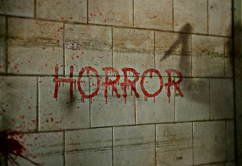 a bloody wall with the word horror written on it, a picture, shutterstock, hyper realistic ”, film promotional still, hq ”, control