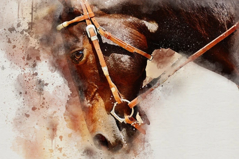 a close up of a horse wearing a bridle, a digital painting, by Cindy Wright, shutterstock contest winner, watercolor inpaint, performance, digital collage, rustic