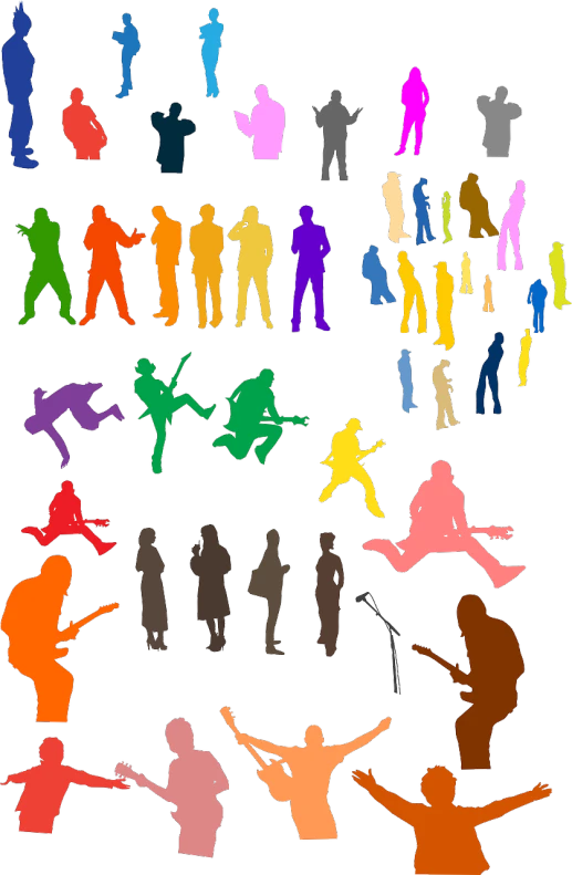 a group of people are silhouetted against a white background, vector art, figuration libre, music instruments, many color scheme, screenshots