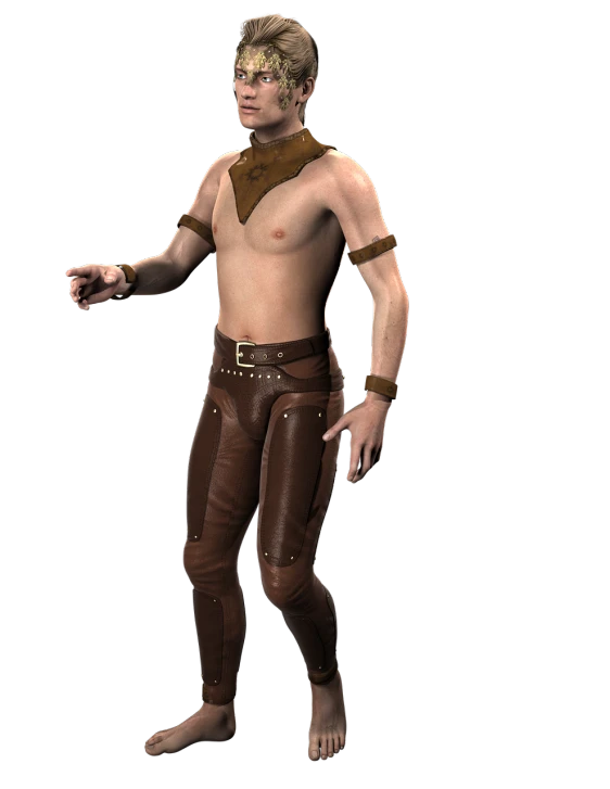 an image of a man with no shirt on, inspired by Dai Jin, zbrush central contest winner, renaissance, leather clothing and boots, 3d model rigged, skintight leather clothes, of an elden ring elf