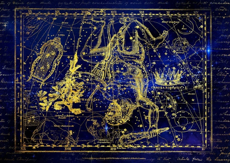 a close up of a painting of a person on a horse, digital art, by Samuel Scott, shutterstock, space art, with a star - chart, blue and gold, antique, blueprint