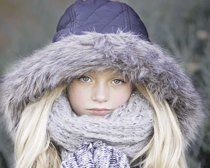 a close up of a person wearing a hat and scarf, a portrait, by Chris Cold, pixabay, fine art, portrait of nordic girl, frozen cold stare, portrait of a young teenage girl, blond fur