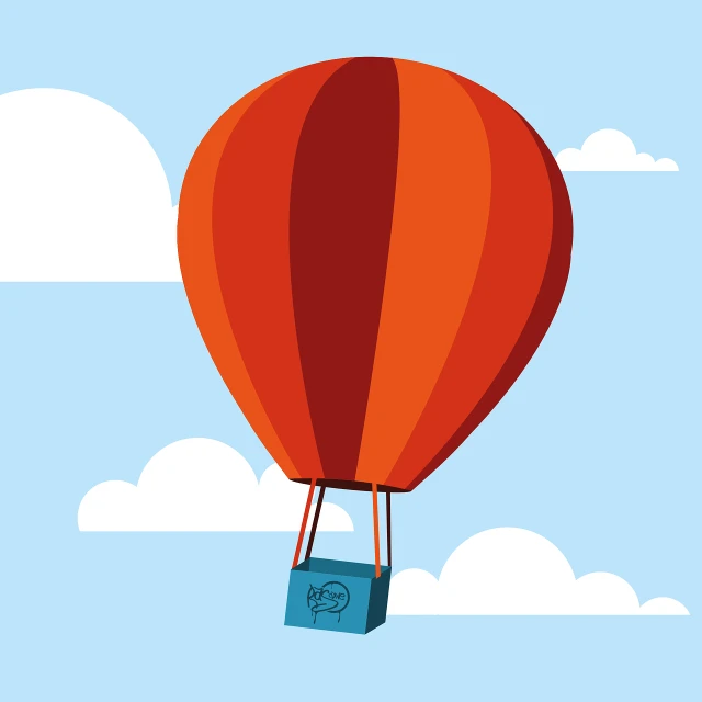 a red hot air balloon flying through a blue sky, inspired by Emiliano Ponzi, conceptual art, low polygons illustration, delivering parsel box, mascot illustration, hermes