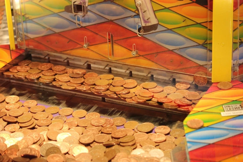 a machine that has some coins in it, prize winning color photo, copper veins, candy land, photorealistic - h 6 4 0