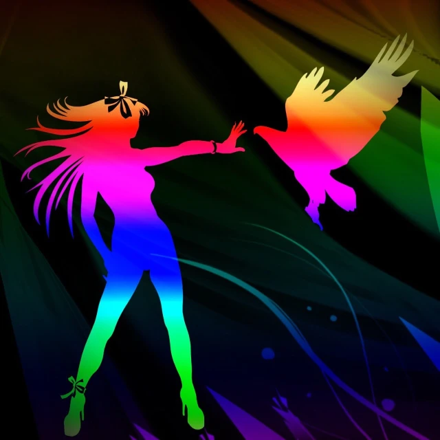 a woman that is holding a bird in her hand, vector art, inspired by Aaron Douglas, pixabay contest winner, psychedelic art, she is dancing. realistic, lisa frank & sho murase, wallpaper”, !!! very coherent!!! vector art