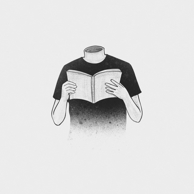 a black and white drawing of a man reading a book, by Kim Eung-hwan, tumblr, shirt design, 3d grainy aesthetic illustration, bust, flat minimalistic