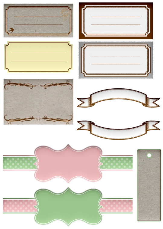 a set of labels and ribbons on a black background, a pastel, sōsaku hanga, photoshop, with blunt brown border, full res, free