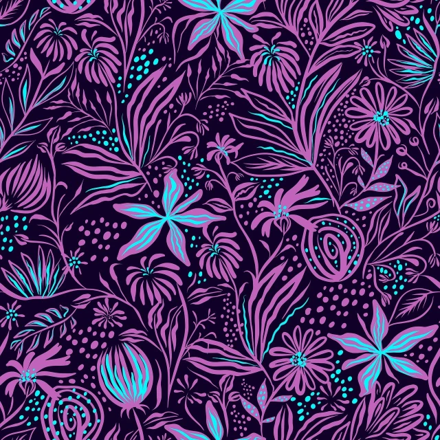 a purple and blue floral pattern on a black background, behance contest winner, fantasy jungle, dense linework, stylised textures, near the beach