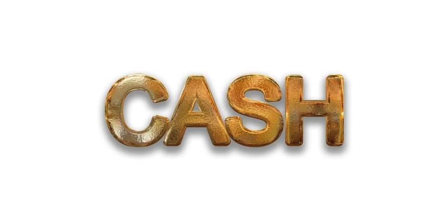 a close up of the word cash on a white background, a stock photo, by Kurt Roesch, trending on pixabay, golden wood carved in relief, hyperrealistic shaded, dirty old golden metal, online casino logo