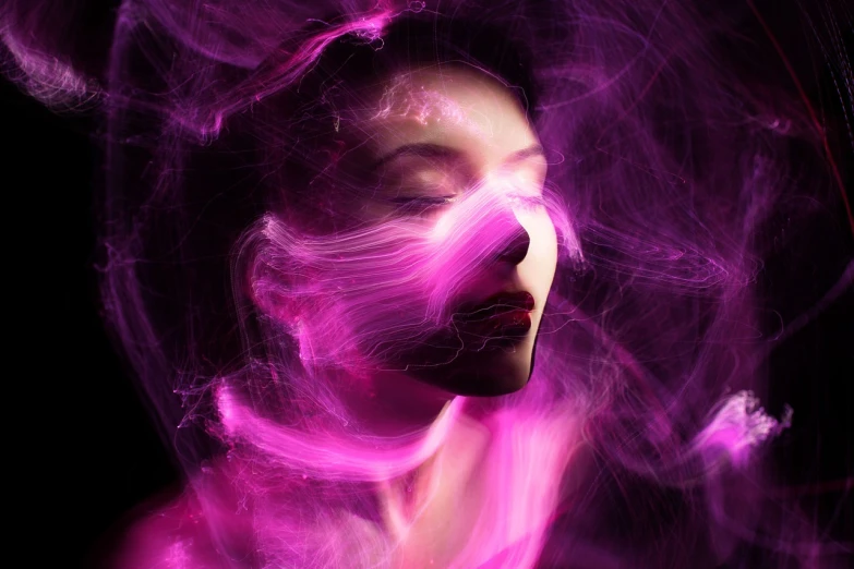 a close up of a person with pink hair, by Eugeniusz Zak, digital art, glowing swirling mist, electric woman, beautiful portrait photo, purple. ambient lightning