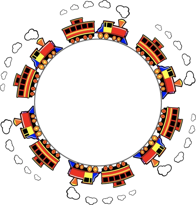 a picture of a train in the middle of a circle, a digital rendering, flickr, children\'s illustration, ornamental halo, a beautiful artwork illustration, black border