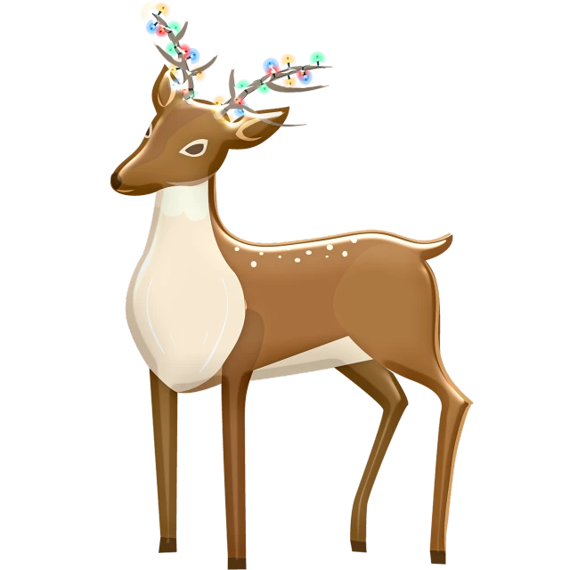 a reindeer with christmas lights on its antlers, an illustration of, naive art, 3/4 view realistic, decorated with flowers, brown tail, telegram sticker design