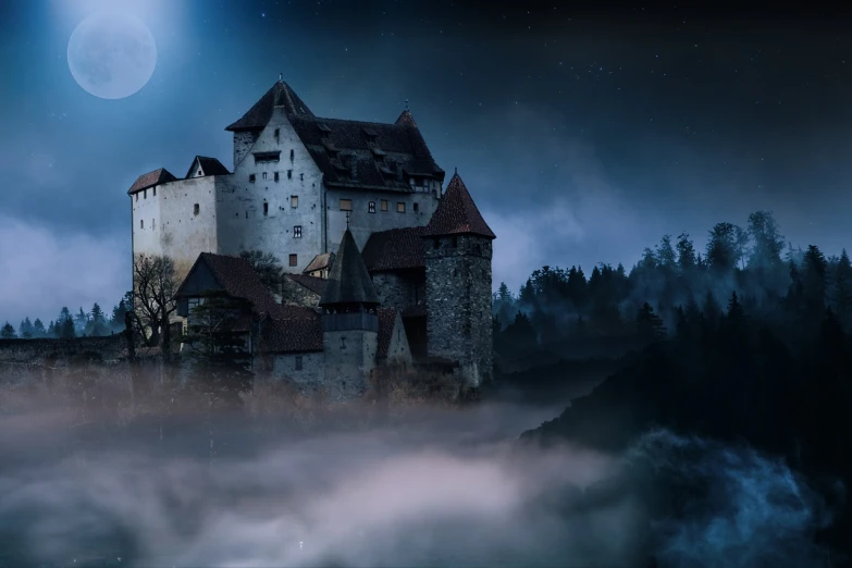 a castle sitting on top of a hill under a full moon, a matte painting, inspired by Franz Sedlacek, shutterstock, renaissance, foggy night sky, photo taken at night, once upon a midnight dreary, in a medieval tavern at night