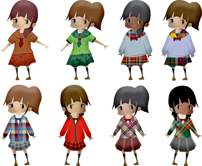 a group of cartoon girls standing next to each other, by Manabu Mabe, polycount, mingei, tartan garment, cartoonish vector style, child, ingame image
