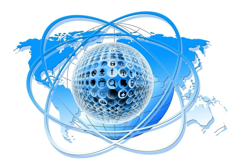 a globe with a map of the world in the background, a digital rendering, inspired by Buckminster Fuller, model of atom, infographics. logo. blue, networking, joseph todorovitch