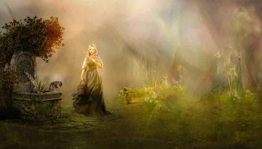 a woman that is standing in the grass, digital art, inspired by Tom Chambers, pixabay contest winner, fantasy art, blonde women, beautiful art uhd 4 k, misty garden, light effect. feminine