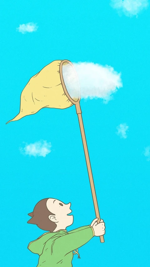 a boy that is flying a kite in the sky, by Ikuo Hirayama, conceptual art, snorlax, ((mist)), pancake flat head, japanese animation style