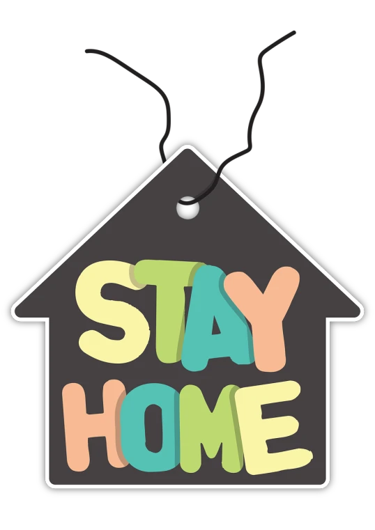 a house with the words stay home on it, shutterstock, sticker design vector art, on a flat color black background, mixed media style illustration, tag heur
