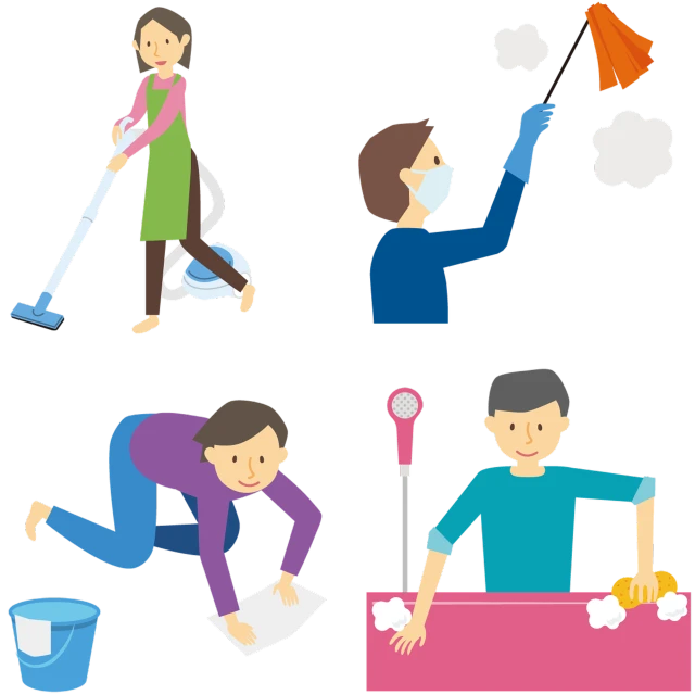 a couple of people that are cleaning, an illustration of, by Chizuko Yoshida, pixabay, conceptual art, various action poses, four, on black background, cartoon style illustration