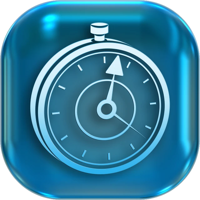 a close up of a clock on a blue button, a digital rendering, pixabay, digital art, blue transparent jelly, on simple background, pocketwatch, ios app icon