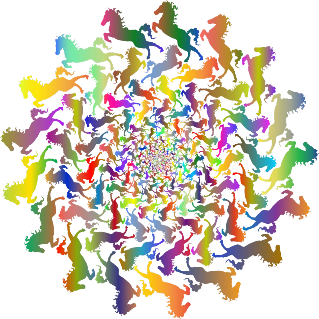 a bunch of different colored animals on a black background, inspired by Benoit B. Mandelbrot, pulled into the spiral vortex, horses, tesselation, rainbowshift