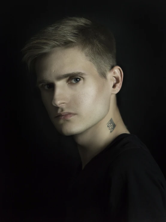 a young man with a tattoo on his neck, a character portrait, inspired by Alexander Litovchenko, flickr, blond boy, chiaroscuro soft lighting, acting headshot, around 1 9 years old