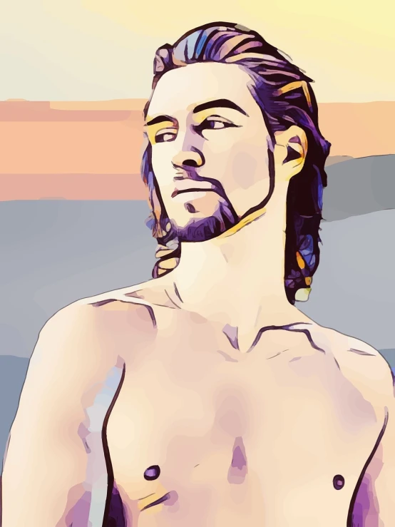 a man standing on top of a beach next to the ocean, inspired by Anthony Palumbo, digital art, with long hair and piercing eyes, wpap, at golden hour, bare shoulders