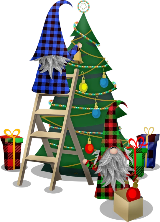 a man standing on a ladder next to a christmas tree, by Susan Heidi, pixabay, folk art, tartan garment, garden gnomes preparing for war, on black background, digital rendering