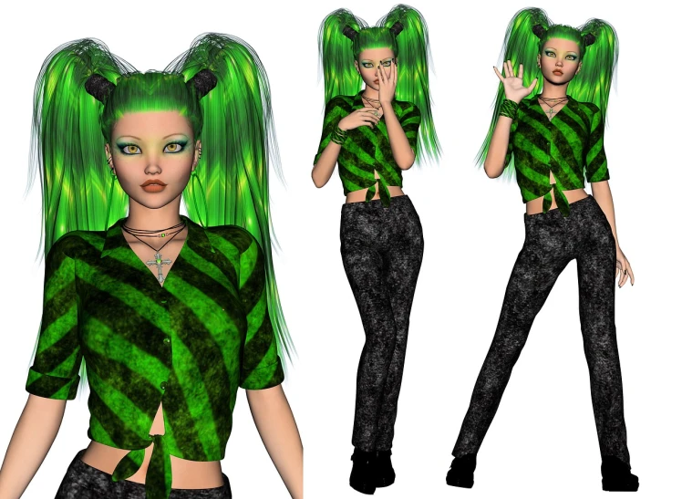 a 3d image of a woman with green hair, inspired by Shukei Sesson, kawaii shirt and jeans, multiple poses, material is!!! watermelon!!!, portrait of teenage medusa