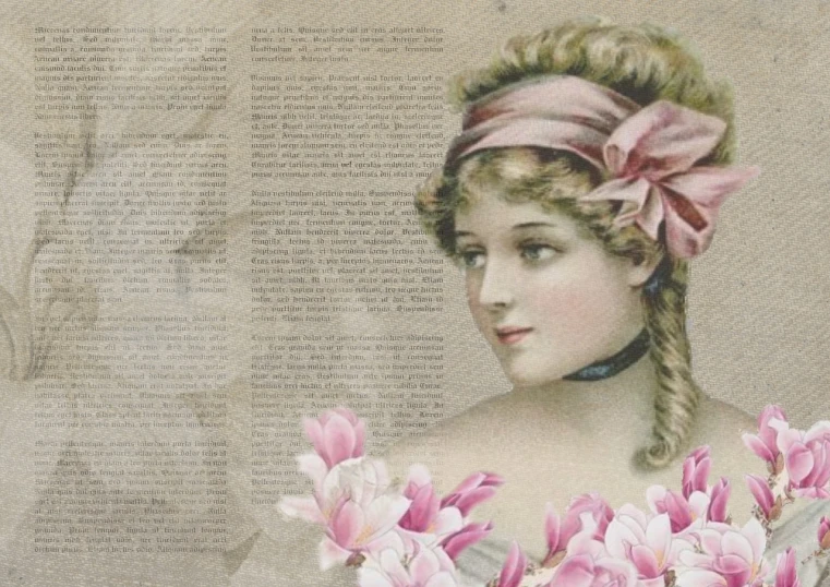 a woman with a pink flower in her hair, a digital rendering, inspired by Margaret Brundage, trending on pixabay, old vintage paper, victorian newspaper article, beautiful background, blonde woman