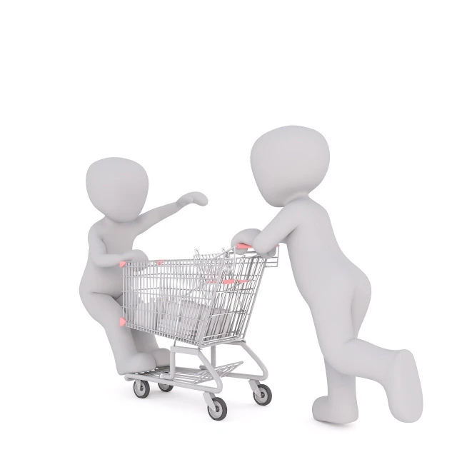 a couple of people pushing a shopping cart, a digital rendering, pixabay contest winner, figuration libre, white!!, doll, stock photo