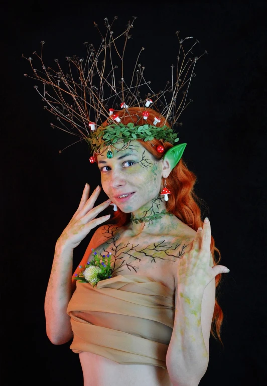 a close up of a person wearing a costume, inspired by Wendy Froud, cg society contest winner, fantasy art, fey queen of the summer forest, hand painted, natural pose, organic headpiece