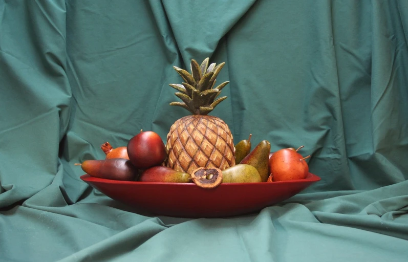 a bowl of fruit with a pineapple on top, a still life, photorealism, pose 1 of 1 6, prop, -h 1024, full cast