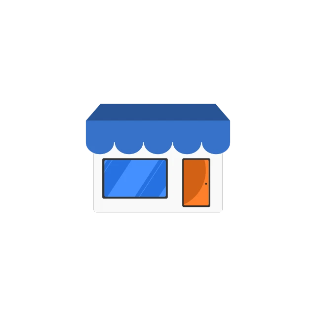 a store front with a blue awning and orange door, pixel art, on a flat color black background, corporate phone app icon, trend in behance hd, pictogram