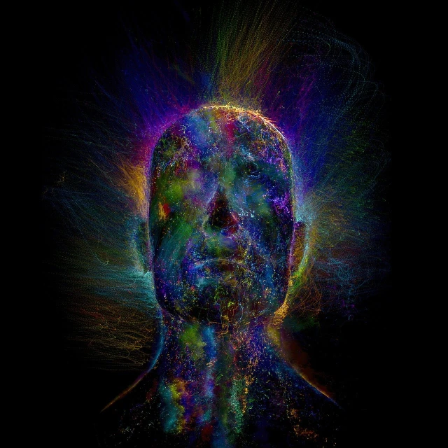 a close up of a person with a dark background, digital art, electric aura with particles, colorful melting human head, color ink explosion, within radiate connection