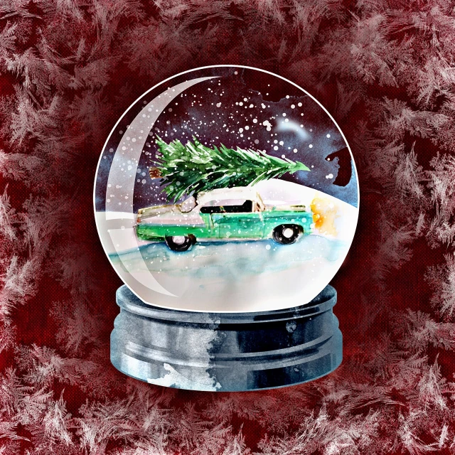 a snow globe with a truck carrying a christmas tree, a portrait, by Arnie Swekel, style digital painting, vintage car, glass ball at the waist, tire